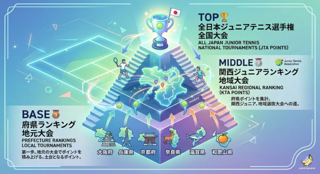 🔍 ジュニアテニスの「階層」：府県・関西・全国のポイントの仕組み

【2026年版】関西ジュニアテニスのポイントランキング