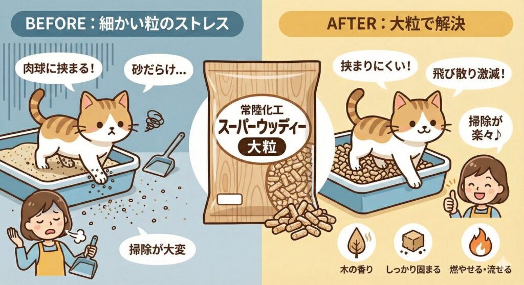 多頭飼いの救世主！猫砂の飛び散りストレスが「スーパーウッディー 大粒」で激減した話