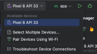 Android Studio 上部のツールバーで、実行対象として作成したエミュレータ（例: Pixel 8 API 33）を選択。 【実機不要】Android Studioエミュレータで課金テストをする全手順