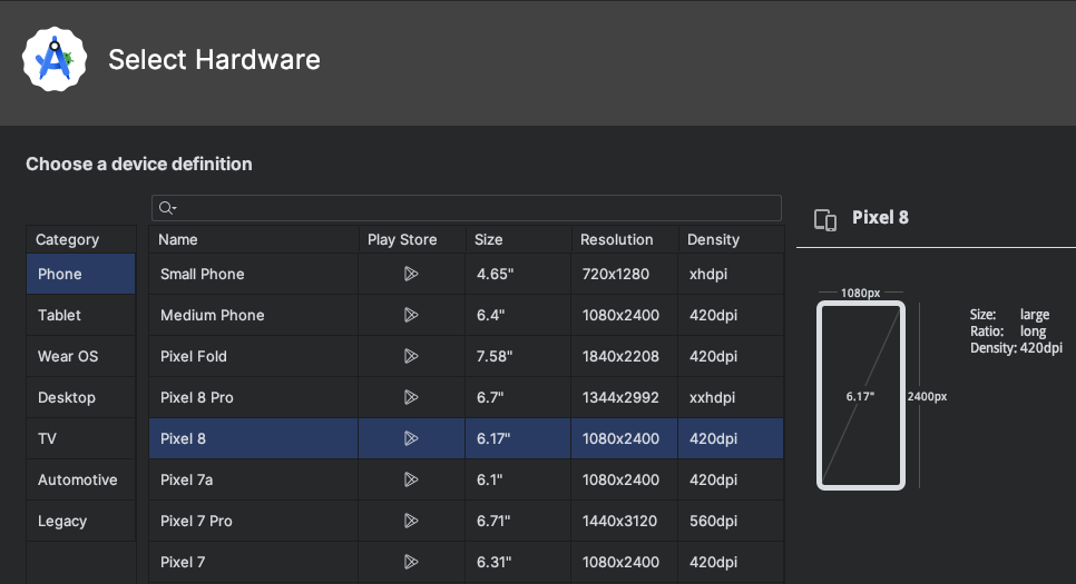 ハードウェア選択で、「Play Store」列にロゴがあるデバイス（例: Pixel 8）を選択します。 【実機不要】Android Studioエミュレータで課金テストをする全手順