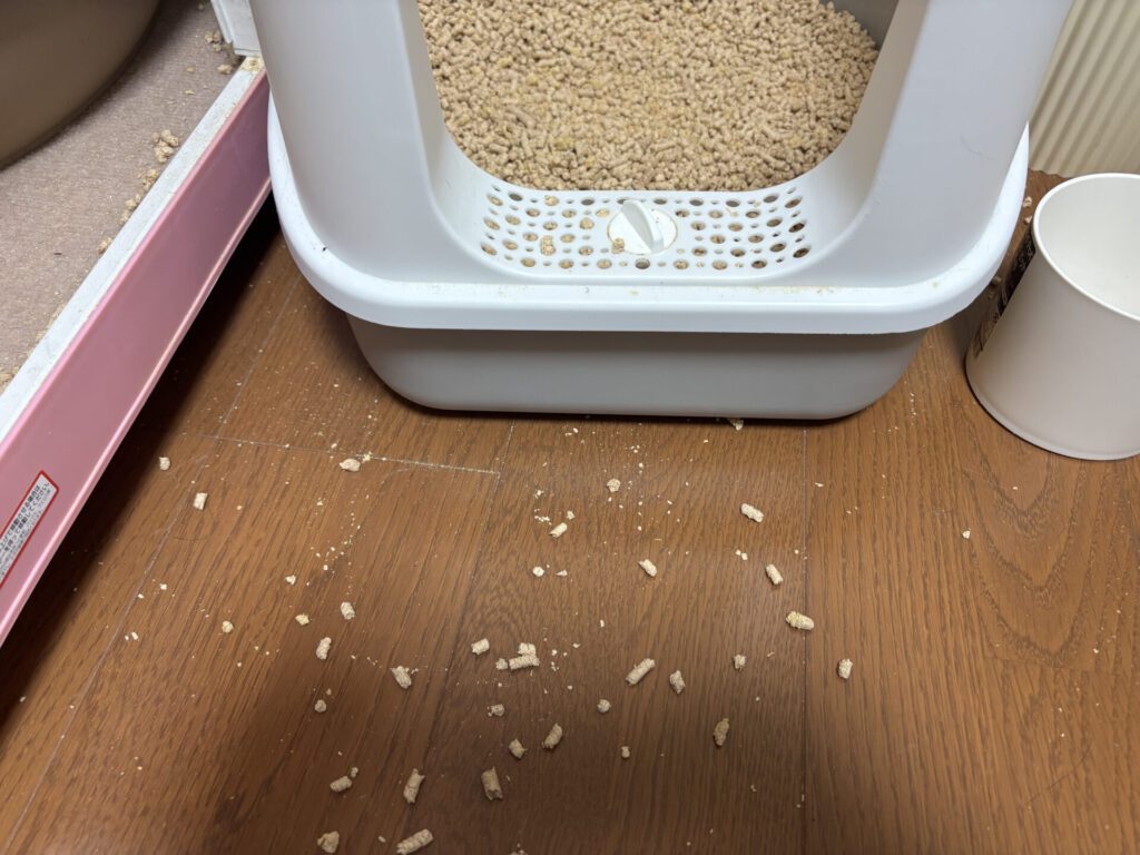 柔らかいウッドチップの猫砂を使っていた頃のトイレ周辺。木くずが散らばっている