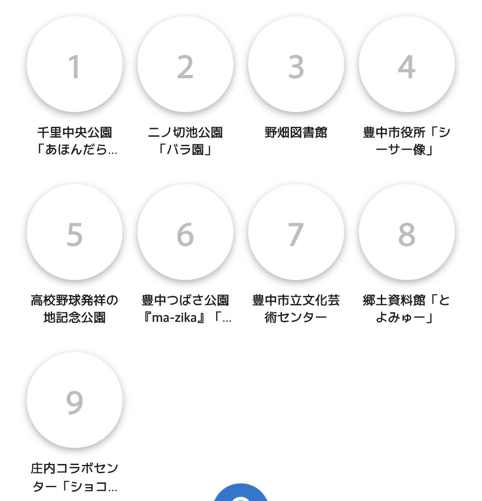 マチカネポイントアプリのスタンプラリーのスポット一覧。千里中央公園、二ノ切池公園、野畑図書館、豊中市役所、高校野球発祥の地記念公園、豊中つばさ公園、豊中市立文化芸術センター、郷土資料館、庄内コラボセンターの9か所