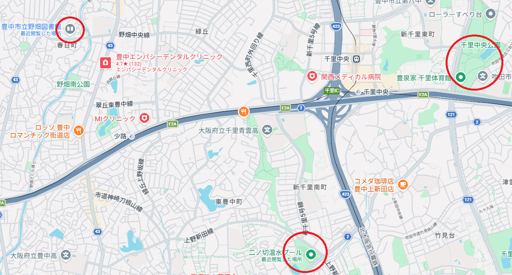 とよなかサイクルスタンプラリー2026の北側のスポット地図。二ノ切池公園、千里中央公園、野畑図書館の3か所に赤丸